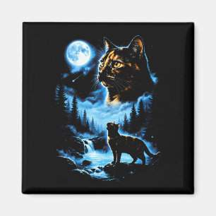 Aimant Chat écaille de tortue pleine lune forêt mystique