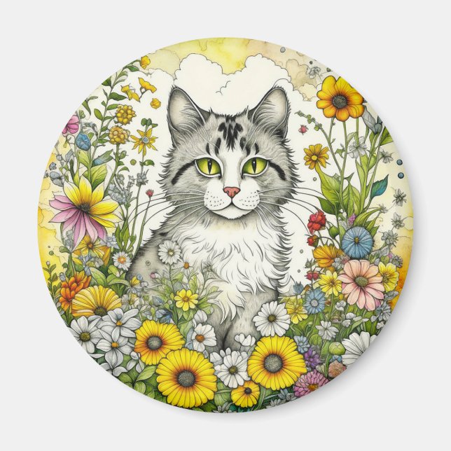 Aimant Chat kitty gris et blanc assis en fleurs (Devant)