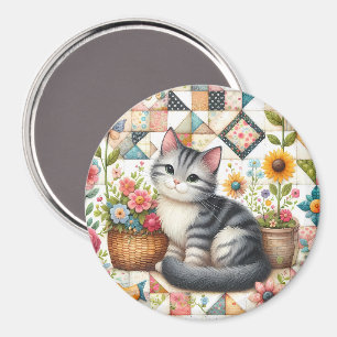 Aimant Chat mignon sur courtepointe fleurie Cottagecore