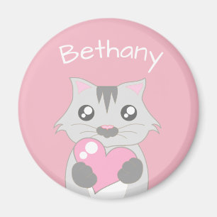 Aimant Chat mignon tenant coeur rose