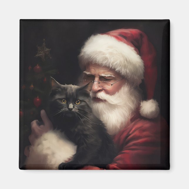 Aimant Chat noir avec Noël Festif du Père Noël (Devant)
