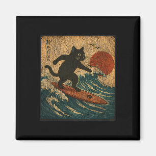 Aimant Chat noir de surf style d'art japonais en détresse