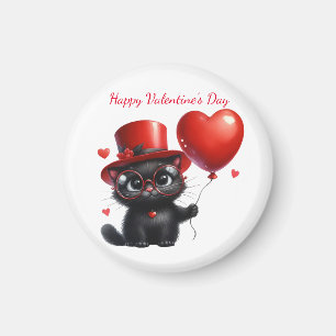 Aimant Chat noir drôle avec ballons Saint-Valentin