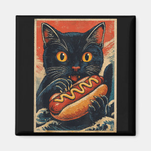 Aimant Chat noir drôle mangeant un hot dog rétro japonais