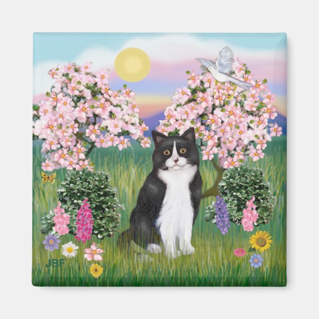 Aimant Chat noir et blanc - Fleurs (Devant)