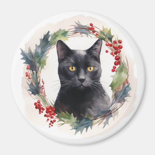 Aimant Chat noir Fête de couronnes de Noël Kitten (Devant)