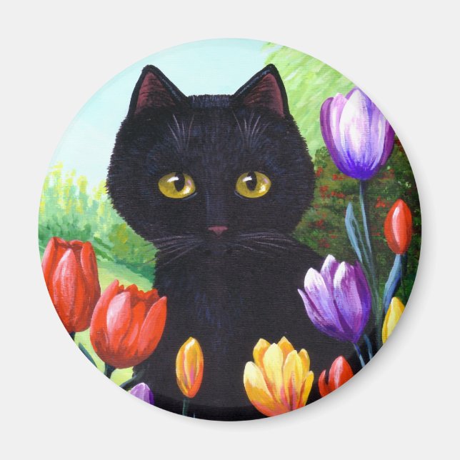 Aimant Chat noir Fleurs d'art originales Printemps Créati (Devant)