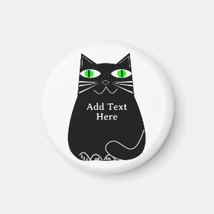 Aimant Chat noir gras avec yeux verts Texte personnalisé