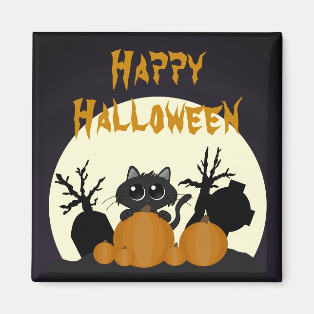 Aimant Chat noir Halloween avec Citrouilles dans un cimet (Devant)