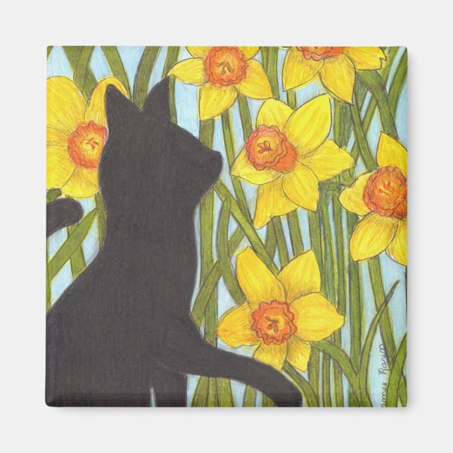 Aimant Chat noir jonquille de printemps (Devant)