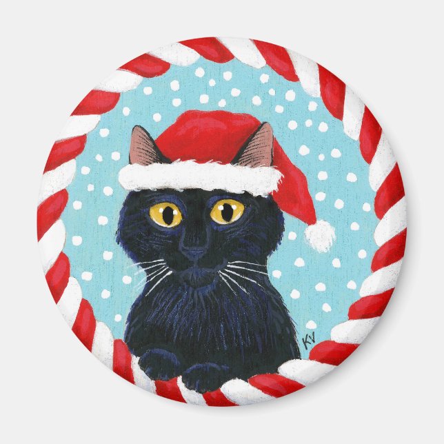 Aimant Chat noir mignon, chapeau de Santa, neige d'hiver  (Devant)