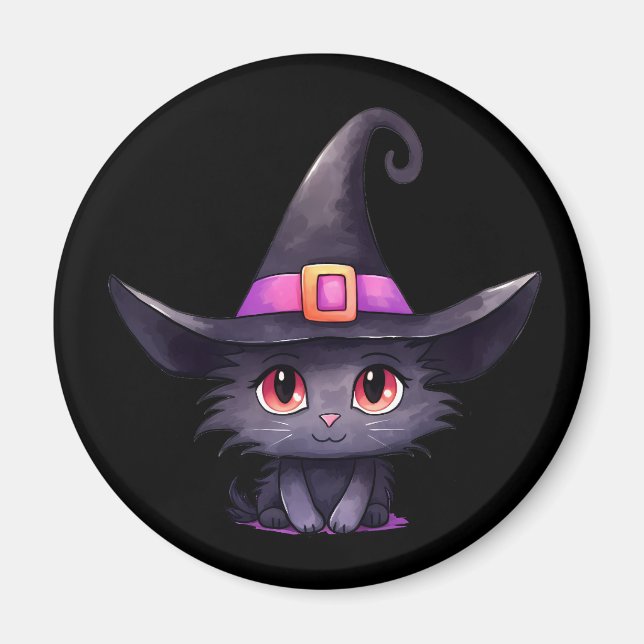 Aimant Chat noir mignon portant un Casquette de sorcière (Devant)