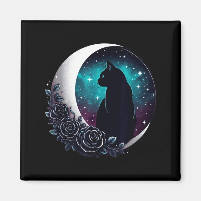 Aimant Chat Noir Mystique Avec Lune Et Roses Céleste (Devant)