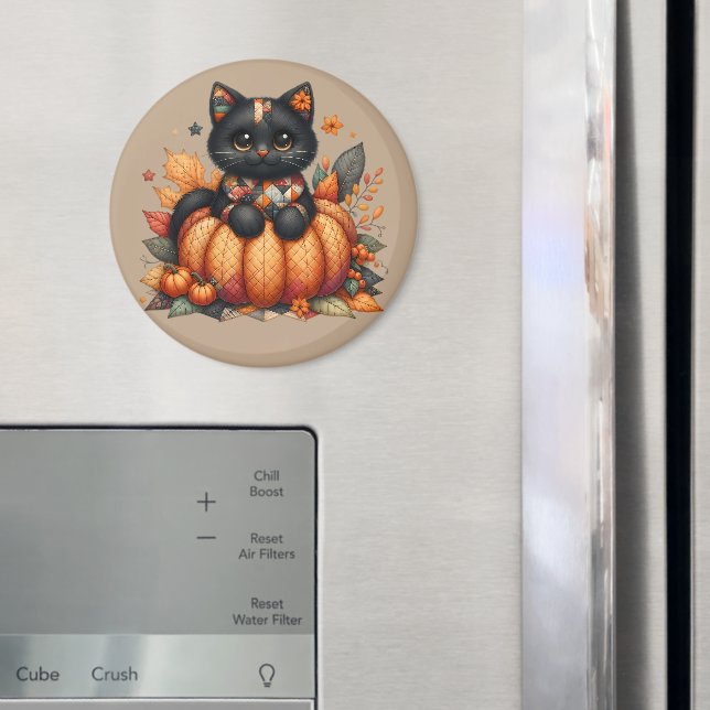 Aimant Chat noir sur Citrouille avec Motif de courtepoint (In situ (réfrigérateur))