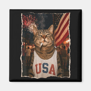 Aimant Chat patriotique du 4 juillet fumant une cigarette