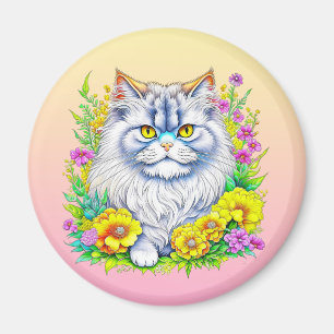 Aimant Chat Persan dans des fleurs jaunes et roses