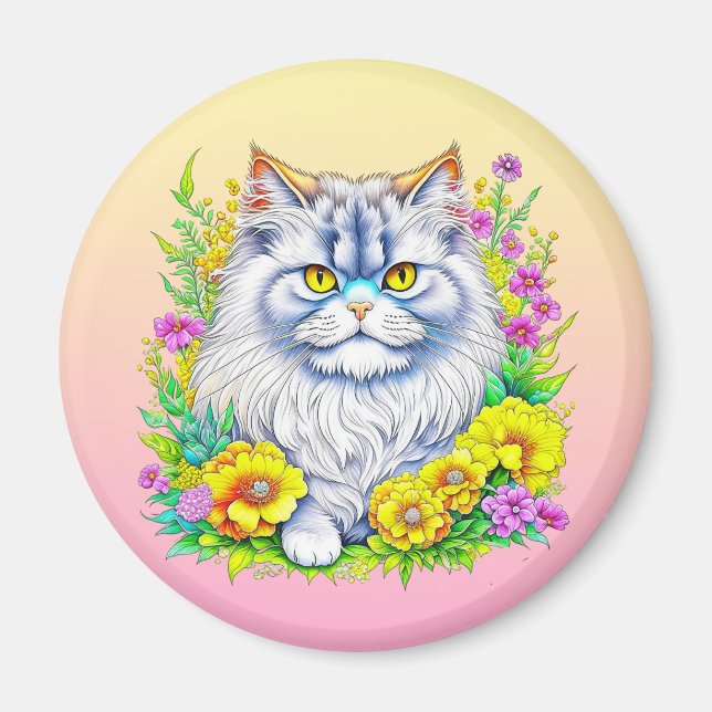 Aimant Chat persan en fleurs Personnalisé (Devant)