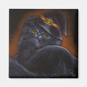 Aimant Chat persan noir avec le casquette de sorcière -