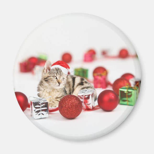 Aimant Chat portant le chapeau rouge du Père Noël (Devant)