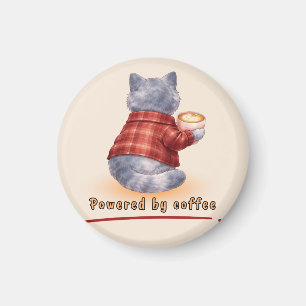 Aimant Chat "Propulsé par le Café" tenant une tasse de ca