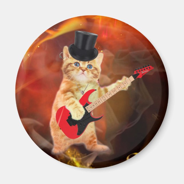 Aimant Chat Rocker avec chapeau et guitare (Devant)