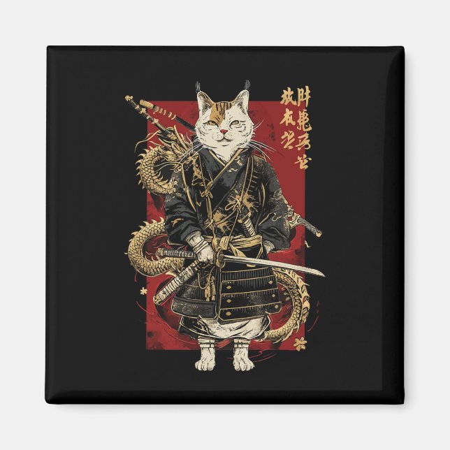 Aimant Chat Samurai Avec Dragon Kanji (Devant)