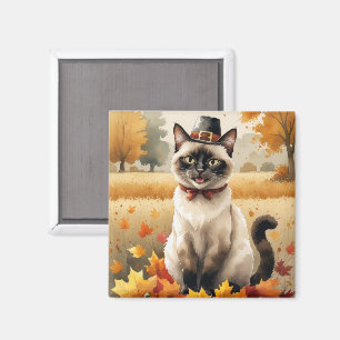 Aimant Chat siamois dans l'art de Thanksgiving aux feuill
