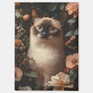 Aimant Chat Siamois Entouré De Fleurs Roses Bruyantes