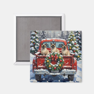 Aimant Chat siamois Noël camion rouge Fêtes