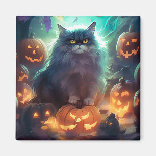 Aimant Chat Sibérien D'Halloween Avec Peur Citrouille