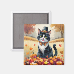 Aimant Chat Smoking en Feuilles d'Automne Art de Thanksgi