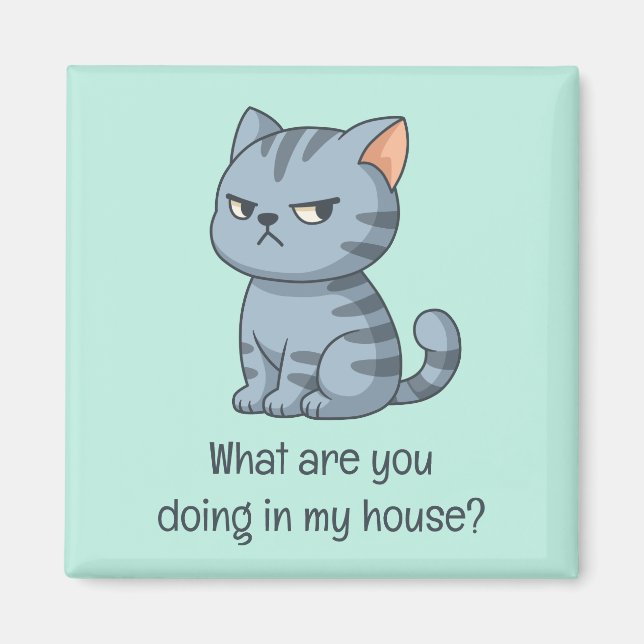 Aimant Chat tabby gris grincheux Texte drôle vert (Devant)