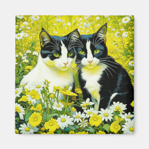 Aimant Chats adorables assis dans un champ de marguerites
