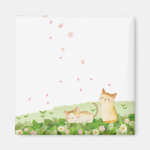 Aimant Chats amusants chantant sous les fleurs de cerisie