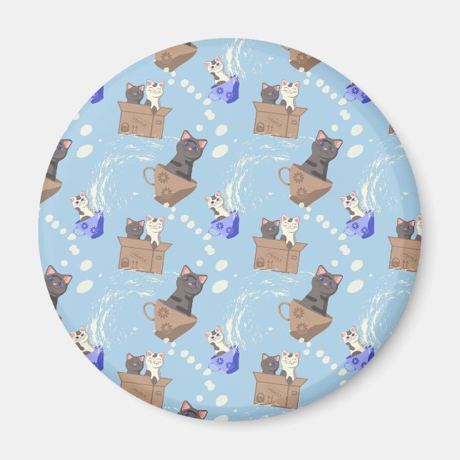 Aimant Chats en boîte et gouttes de lait sur bleu (Devant)