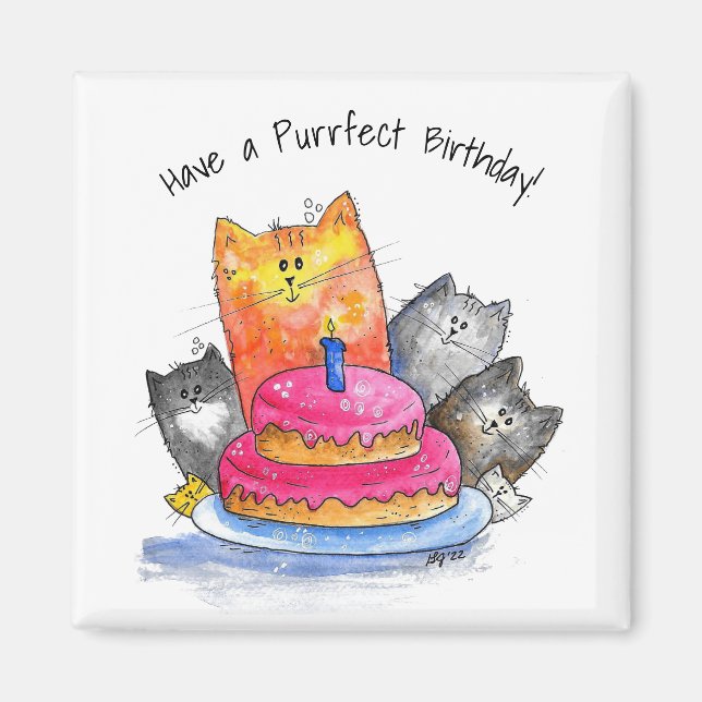 Aimant Chats Whimsical avec gâteau d'anniversaire (Devant)