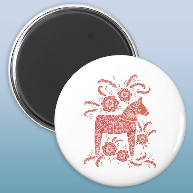 Aimant Cheval de Dala suédois Rouge et blanc (Swedish Dala Horse red and white folk art magnet)