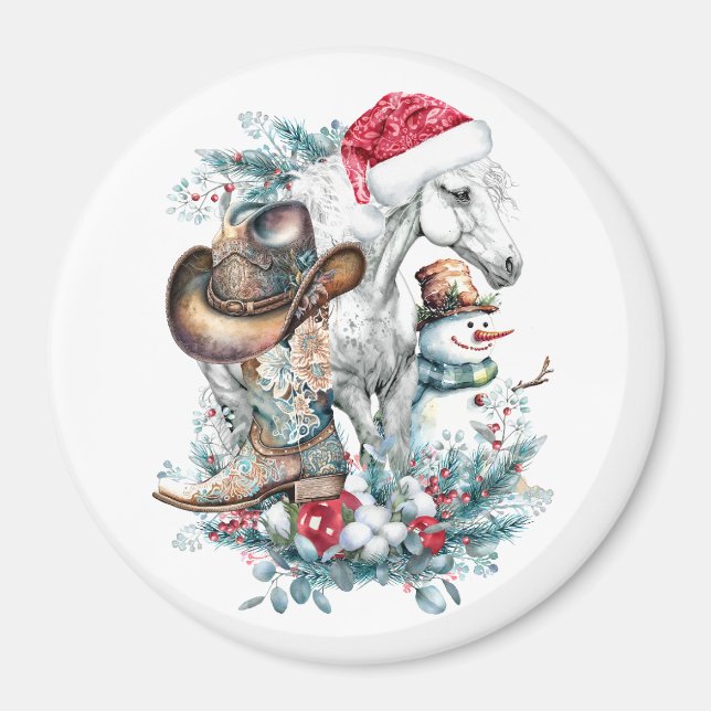 Aimant Cheval de Noël en Chat de Noël cowgirl cowboy bott (Devant)