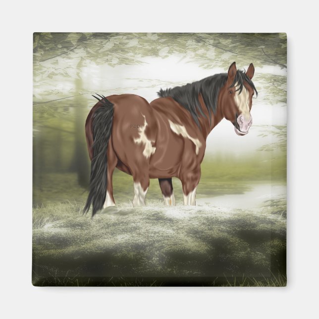 Aimant Cheval de peinture de baie et d'éclaboussure blanc (Devant)