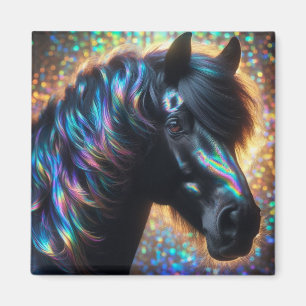 Aimant Cheval noir avec Mane Iridescente