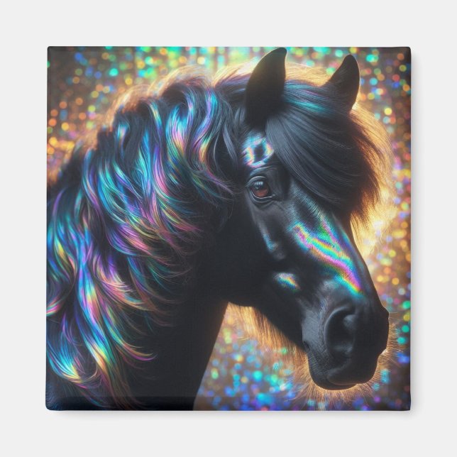 Aimant Cheval noir avec Mane Iridescente (Devant)