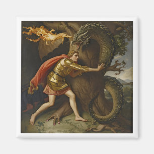 Aimant Chevalier en armure dorée contre le dragon