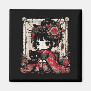 Aimant Chibi Kimono Girl Fleurs de chats noirs Art W japo