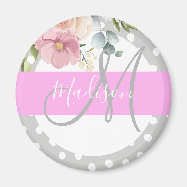 Aimant Chic & Girl Floral Blanc rose Gris Nom (Devant)