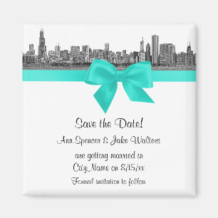 Aimant Chicago Skyline Etched BW Aqua Enregistrer la date