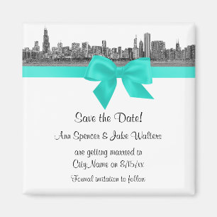 Aimant Chicago Skyline Etched BW Aqua Enregistrer la date