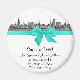 Aimant Chicago Skyline Etched BW Aqua Enregistrer la date