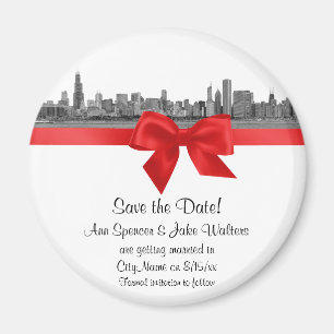 Aimant Chicago Skyline Etched BW Red Enregistrer la date 