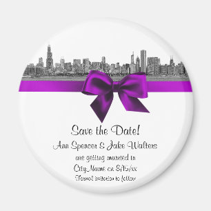 Aimant Chicago Skyline Gravé BW Violet Enregistrer la Dat