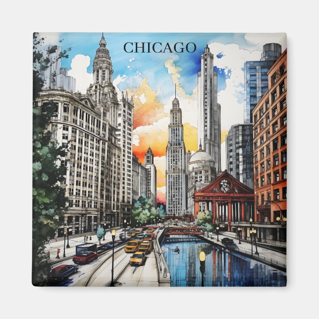 Aimant Chicago Skyline Watercolor – Windy City Travel (Devant)